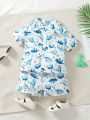 SHEIN 2pcs Infant Boys' Casual Cartoon Dinosaur Short Sleeve Shirt And Shorts Set For Summer