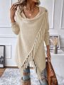 SHEIN LUNE Women's Shawl Collar Fringe Trim Open Front Cardigan