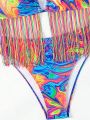 SHEIN Swim Y2GLAM Full Print Criss Cross Halter Neck Swimsuit Set