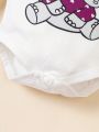 SHEIN Baby Girl Cartoon Graphic Ruffle Trim Bodysuit & Heart Pants & Headband