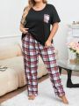 Plus Size Women's Plaid Short Sleeve T-Shirt And Long Pants Pajama Set