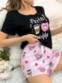 Women'S Cartoon Letter & Heart Print Pajama Set