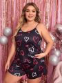 Letter Heart Print Plus Size Women's Pajama Set With Cami Top And Shorts