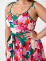 Retro Peaches Plus Size Floral Print Jumpsuit With Tie Straps, Contrast Shorts And Open Front Skirt