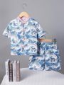 SHEIN Boys' One-Piece Casual Wave Printed Mandarin Collar Shirt And Shorts Chinese Style Clothes