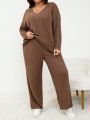 SHEIN Frenchy Plus Size Brown V-neck Loose Fit Long Sleeve Top And Casual Pants 2 Piece Set