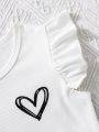 SHEIN Kids QTFun Girls' 3pcs/set Cute Heart Pattern Printed Detail Vest Tops