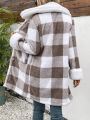 SHEIN Frenchy Women's Fashion Plaid Patchwork Coat With Fur Collar And Buttons