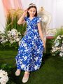 SHEIN Kids Nujoom Girls Floral Print Ruffle Trim Belted Dress