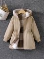 SHEIN Kids EVRYDAY Toddler Girls' Reversible Hooded Coat With Waist Tie, Made Of Plush Material, Keeping Warm And Comfortable, Casual And Simple Style