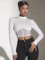 SHEIN BAE Women's Mesh Spliced Stand Collar Long Sleeve Crop Top T-shirt