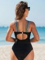 SHEIN Swim Vcay Women'S Woven Strap Patchwork One Piece Swimsuit