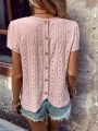 Button Decor Backless Eyelet Embroidery Blouse