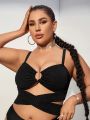 SHEIN Swim BAE Cross Back Tie Solid Color Plus Size Swimsuit Hard Cup Top