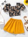 SHEIN Kids FANZEY 2pcs Tween Girl's Sweetheart Collar Puff Sleeve T-Shirt With Bow Decoration, Flower Patterned T-Shirt With Button Decoration, Rolled Hem Shorts