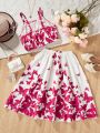 2pcs Teenage Girls' Butterfly Printed Cami Top And Skirt Set, Summer