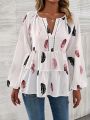 SHEIN Essnce Feather Print Notched Neckline Lantern Sleeve Peplum Blouse