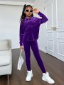 SHEIN Kids Cooltwn Teenage Girls' Fashion Party Solid Color Velvet Hooded Long Sleeve Outfit