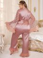 Plus Size Patchwork Mesh Heart Print Flare Sleeve Belted Pajama Set