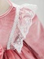 SHEIN Baby Girls' Romantic Vintage Elegant Lace Trim Bubble Sleeves Dress With Bowknot For Parties