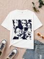 SHEIN Kids EVRYDAY Tween Girl Loose Fit Portrait Print Casual Round Neck Short Sleeve T-Shirt