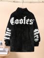 SHEIN Kids HYPEME Tween Boy Letter Embroidery Drop Shoulder Fleece Coat