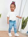 SHEIN Baby Girls' Casual Elastic Waist Denim Effect Long Pants