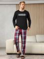 Men's Slogan Printed Long-sleeved T-shirt And Plaid Pants Homewear Set