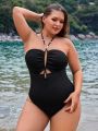 SHEIN Swim Basics Women'S Plus Size Hollow Out & Ruched Halter One Piece Swimsuit