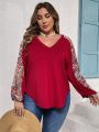 SHEIN VCAY Plus Size V-neck T-shirt With Patchwork And Lantern Sleeves Design