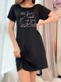 Slogan And Moon Printed Short Sleeve Nightdress