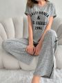 Letter Pattern Knitted Short Sleeve Top And Long Pants Women's Homewear Set