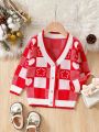 Little Girls' Floral Heart Pattern Plaid Cardigan