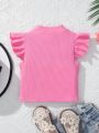 SHEIN Kids Cooltwn Girls' Casual Street Style Round Neckline Pearl Stud Short Sleeve T-shirt