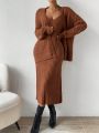 SHEIN Privé Coffee Colored Fashionable Knitted Sweater Two Piece Set