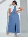 SHEIN SXY Plus Size Water Washed Denim Overall Dress With Diagonal Pockets