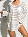 SHEIN Swim BohoFeel Contrast Striped Side Slit Drawstring Hooded Cover Up