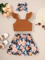 Baby Girls' Flutter Sleeve Top And Floral Printed Half Skirt Set