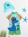 Baby Boys' Cartoon Dinosaur & Letter Print Short Sleeve Swimsuit