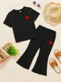 Toddler Girls' Casual Heart Shaped Pattern Round Neck Short Sleeve Top & Bell Bottom Pants 2pcs/Set, Suitable For Summer