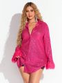 SHEIN SXY New Years Party Valentine'S Lovers Date Outfit Cuff Feathered Pink Shining Sequin Women'S Shirt