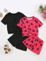 SHEIN Kids EVRYDAY Toddler Girls' Casual Sporty Short Sleeve T-Shirt With Knot Design And Elastic Waistband Loose Shorts Set For Summer