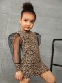 SHEIN Kids Cooltwn Toddler Girls Leopard Print Contrast Mesh Dress