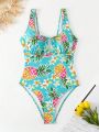 Pineapple And Floral Print Knotted Front One-Piece Swimsuit