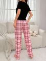 Women'S Letter & Heart Printed Short Sleeve Top Plaid Pants Pajama Set