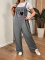 Plus Size Women's Heart Printed Dungarees Jumpsuit