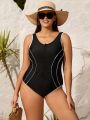 SHEIN Swim Basics Plus Size Zipper Front One Piece Swimsuit With Splice Edge Detail