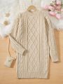 SHEIN Kids EVRYDAY Tween Girl Cable Knit Drop Shoulder Sweater Dress