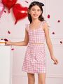 SHEIN Kids CHARMNG Tween Girls' Knitted Houndstooth Print Cami Top With Ruffles And Pocket Side Skirt Two Piece Set