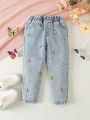 Girls' Butterfly & Flower Embroidery Frayed Hem Colored Denim Pants